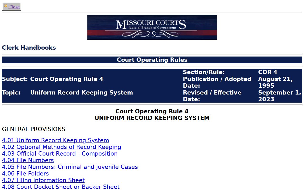 Morgan County criminal dockets reference to Missouri Court Operating Rule 4 record fields