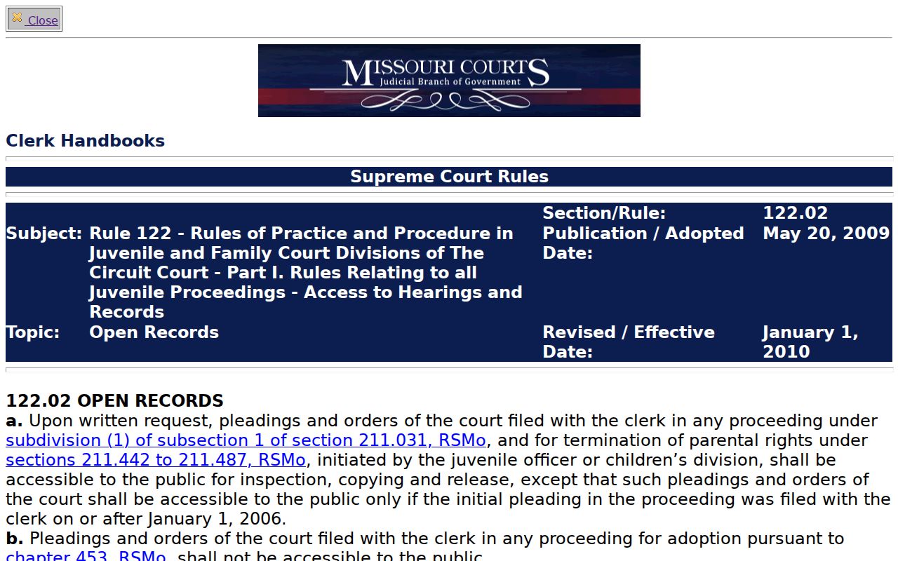 Morgan County criminal dockets reference to Missouri Rule 122 juvenile record restrictions