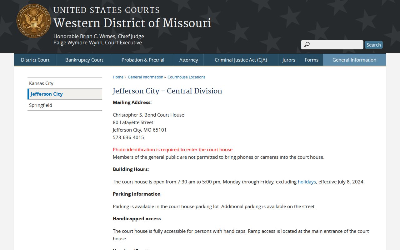 Morgan County court docket federal access through the Jefferson City Central Division courthouse